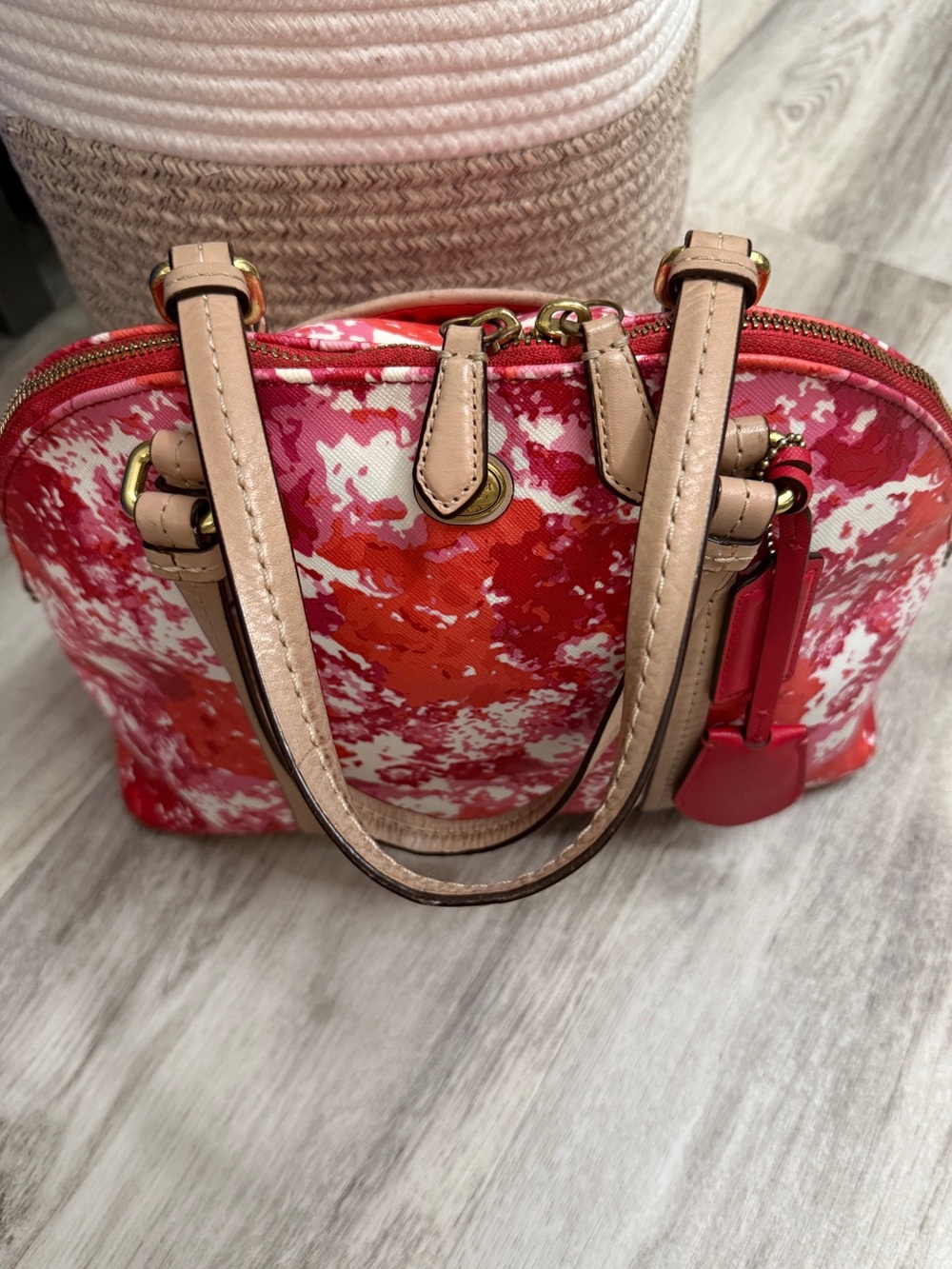 Coach Peyton Blossom Watercolor Satchel Pink Coral Multi Canvas Leather w/keytag